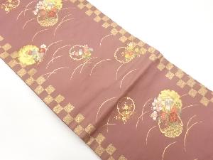 市松に芝・雪輪・花々模様織出し名古屋帯